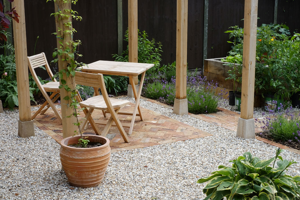 Clay pavers laid in heringbone pattern